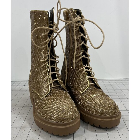 Vigo Fiore Shoes - Vigo Fiore Women's Gold Rhinestone Lace Combat Boots Rosalba Sz. 7.5 Side Zip